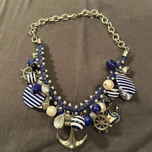 Nautical necklace. Navy blue & white with bling Silver colored metal